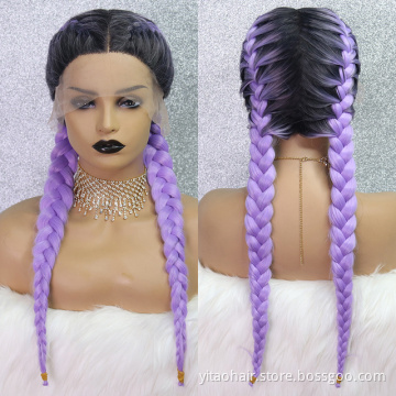 Long Double Braids  Twist Ombre purple Synthetic Braided Lace Front Wig with Baby Hair synthetic hair wig with lace front